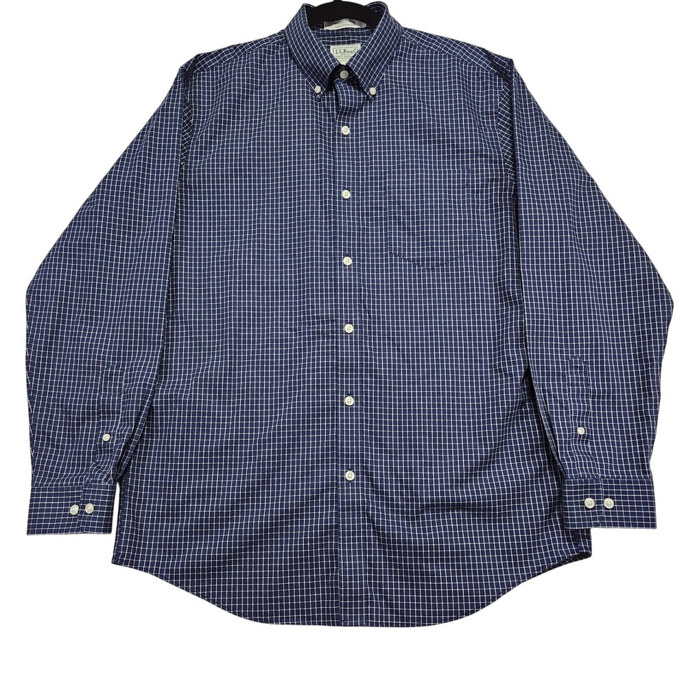 LL Bean Mens Wrinkle Free Traditional Fit Navy White Gingham Check Button Down M